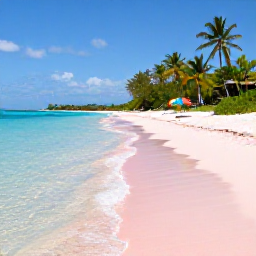 Caribbean Holidays, Bahamas Instagram Spots, Pink Sands Beach on Harbour Island with clear shallow water, palm trees and a lone colourful beach umbrella