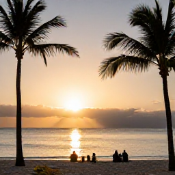 Caribbean Holidays, Bahamas Instagram Spots, Sunset over a calm Bahamian beach with golden sky, palm silhouettes and people enjoying the shoreline