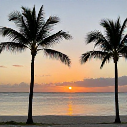 Caribbean Holidays, Bahamas Instagram Spots, Sunset over a quiet Bahamian beach with palm silhouettes, calm water and warm evening colours in October
