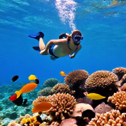 Caribbean Holidays, Bahamas Instagram Spots, Underwater scene with a snorkeller above coral, colourful tropical fish and clear blue Bahamian water