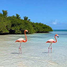 Caribbean Holidays, Bahamas Instagram Spots, Wild flamingos standing in shallow clear water on a sunny Bahamian island, with mangroves and blue sky