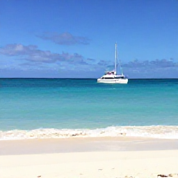 Caribbean Holidays, Bahamas Island Hopping, A bright turquoise sea, white sandy beach and a comfortable inter-island boat near Nassau in The Bahamas