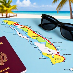 Caribbean Holidays, Bahamas Island Hopping, A Caribbean itinerary map beside sunglasses and a passport, with a tropical beach visible in the background