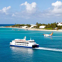 Caribbean Holidays, Bahamas Island Hopping, A Caribbean travel scene showing a ferry and aircraft connecting Nassau with Jamaica, Cuba and the United States, with tropical sea in the background