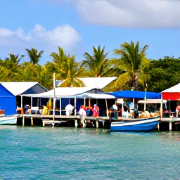 Caribbean Holidays, Bahamas Island Hopping, A colourful Caribbean waterfront with a local market, fishing boats, tropical vegetation and visitors enjoying an island-hopping holiday