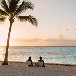 Caribbean Holidays, Bahamas Island Hopping, A couple relaxing on a Bahamian beach at sunset, with calm turquoise sea, soft golden light and palm trees
