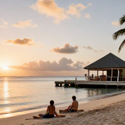 Caribbean Holidays, Bahamas Island Hopping, A couple relaxing on a Bahamian beach at sunset, with calm water, soft light and a small beachside restaurant