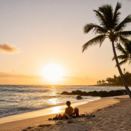 Caribbean Holidays, Bahamas Island Hopping, A couple relaxing on a Bahamian beach at sunset with gentle waves, palm silhouettes and warm golden light