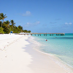 Caribbean Holidays, Bahamas Island Hopping, A peaceful white sand beach on a small Bahamian island with turquoise water, a wooden jetty, palm trees and a couple swimming