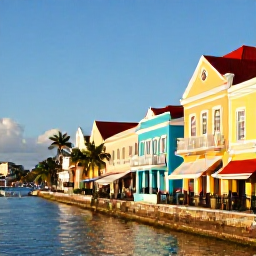 Caribbean Holidays, Bahamas Island Hopping, Colourful colonial streets and waterfront buildings in Nassau, with visitors exploring the historic centre on a sunny morning