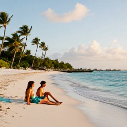Caribbean Holidays, Bahamas Island Hopping, Couple relaxing on a quiet Bahamian beach at golden hour, with calm turquoise water and palm trees in the background