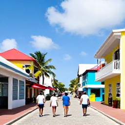 Caribbean Holidays, Bahamas Island Hopping, Travellers walking through the colourful streets of Nassau, with colonial buildings, palm trees and local shops