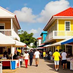 Caribbean Holidays, Bahamas Island Hopping, Visitors exploring colourful colonial streets and a waterfront market in Nassau, The Bahamas, under warm April sunshine