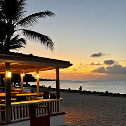 Caribbean Holidays, Bahamas January, A peaceful Bahamian sunset viewed from a beachfront restaurant, with warm lights, palm silhouettes and calm sea