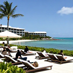 Caribbean Holidays, Bahamas January, An elegant all-inclusive Bahamas resort beside a calm lagoon, with sun loungers, palm trees and guests enjoying lunch outdoors
