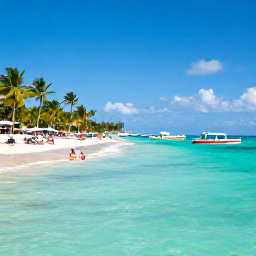 Caribbean Holidays, Bahamas January Breaks, Clear turquoise water, white sand beach and colourful boats near Nassau, with visitors swimming and relaxing beneath palm trees