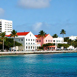 Caribbean Holidays, Bahamas January Breaks, Sunny Nassau waterfront with pastel colonial buildings, palm trees, bright blue sea and visitors enjoying a relaxed January city break