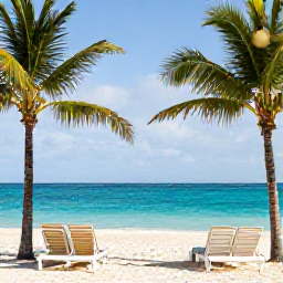 Caribbean Holidays, Bahamas January, Bright January morning at a relaxed all-inclusive beach resort in The Bahamas, turquoise sea, white sand, palm trees and comfortable sun loungers