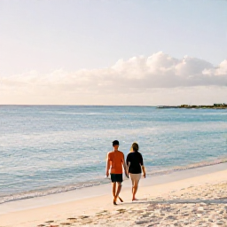 Caribbean Holidays, Bahamas January, Couple walking along a quiet white-sand beach in Nassau or Grand Bahama in January, calm turquoise water and soft afternoon sunlight