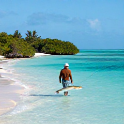 Caribbean Holidays, Bahamas January Fishing, A bonefish angler wading across a shallow clear flat in The Bahamas, with mangroves and bright blue water
