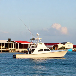 Caribbean Holidays, Bahamas January Fishing, A relaxed fishing boat returning to a colourful Bahamian harbour in late afternoon light