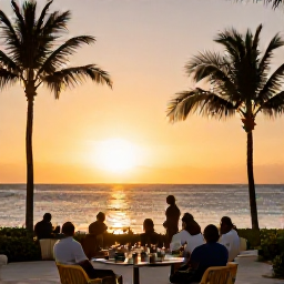 Caribbean Holidays, Bahamas January, Golden sunset over a Bahamian all-inclusive resort, palm silhouettes, calm sea and guests dining outdoors