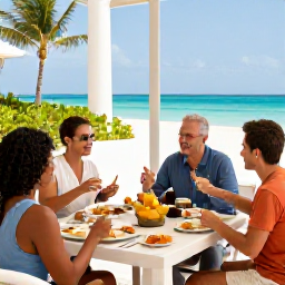 Caribbean Holidays, Bahamas January, Guests enjoying an all-inclusive resort in The Bahamas, buffet breakfast, tropical fruit, outdoor dining terrace and ocean views