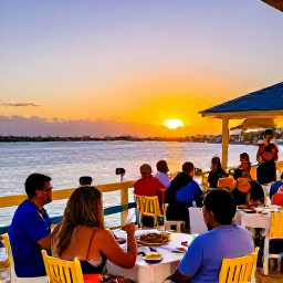 Caribbean Holidays, Bahamas January Holidays, A colourful Bahamian waterfront at sunset with outdoor tables, local dishes, music and visitors enjoying an evening meal