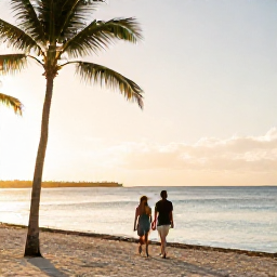 Caribbean Holidays, Bahamas January Holidays, A couple walking along a peaceful Bahamian beach at golden hour, with palm trees, calm sea and a comfortable January holiday atmosphere
