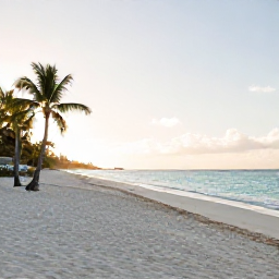 Caribbean Holidays, Bahamas January Holidays, A wide, quiet white-sand beach in The Bahamas in January, with turquoise water, palm trees and soft morning sunlight