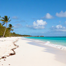 Caribbean Holidays, Bahamas January Holidays, Bright winter morning over a quiet white-sand beach and turquoise sea in The Bahamas, with gentle waves and a few palm trees