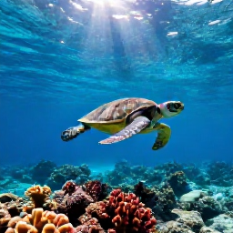 Caribbean Holidays, Bahamas January Holidays, Green sea turtle swimming above a colourful coral reef in clear Bahamian water, with sunlight filtering from the surface