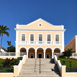 Caribbean Holidays, Bahamas January Holidays, Historic pastel-coloured colonial buildings and Queen's Staircase in Nassau, Bahamas, under clear January sunshine