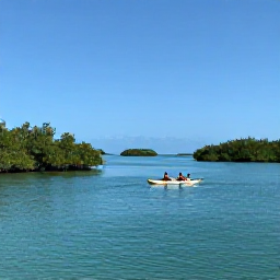 Caribbean Holidays, Bahamas January Holidays, Kayakers gliding through calm turquoise water past mangroves and small islands in The Bahamas under a clear blue sky