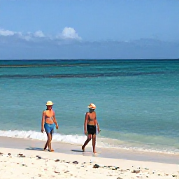Caribbean Holidays, Bahamas January Holidays, Relaxed January beach scene on Grand Bahama, with clear turquoise water, pale sand and a couple walking beside the sea