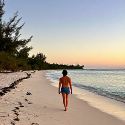 Caribbean Holidays, Bahamas January Holidays, Relaxed traveller walking along a secluded Bahamian beach at sunset, with a small camera and nature reserve landscape nearby