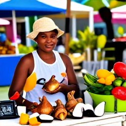 Caribbean Holidays, Bahamas January Holidays, Traditional Bahamian market stall with conch, fresh tropical produce and local crafts in a colourful island setting