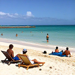 Caribbean Holidays, Bahamas January Holidays, Travellers relaxing on a beautiful Bahamian beach, with sun loungers, clear shallow sea and a lively but relaxed island atmosphere