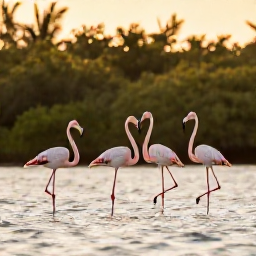 Caribbean Holidays, Bahamas January Holidays, Wild flamingos standing in shallow water at a Bahamian wetland, with mangroves and warm golden light in the background