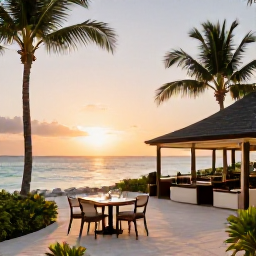 Caribbean Holidays, Bahamas January, Luxury beachfront resort in The Bahamas at sunset with palm trees, calm turquoise water and elegant dining terrace