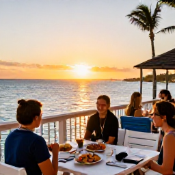Caribbean Holidays, Bahamas January Tours, Outdoor dining at a waterfront restaurant in the Bahamas at sunset, with fresh seafood and relaxed holiday atmosphere