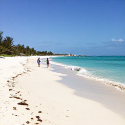 Caribbean Holidays, Bahamas January Tours, Relaxed beach scene on a quiet Bahamian cay in January with white sand, turquoise sea and a couple walking along the shoreline