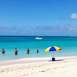Caribbean Holidays, Bahamas July Breaks, Clear turquoise water and sandy beach near Nassau, with swimmers, colourful umbrellas and a small boat offshore