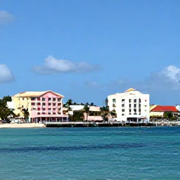 Caribbean Holidays, Bahamas July Breaks, Colourful Nassau waterfront at midday in July, turquoise sea, pastel buildings and palm trees