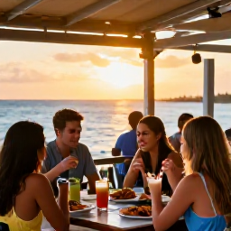 Caribbean Holidays, Bahamas July Breaks, Outdoor restaurant in Nassau at sunset with Bahamian seafood, tropical drinks and relaxed diners