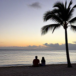 Caribbean Holidays, Bahamas July Breaks, Relaxed couple enjoying a July evening on a Nassau beach, warm sunset light, calm sea and palm silhouettes