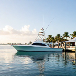 Caribbean Holidays, Bahamas July Fishing, A bright summer morning at a tropical Bahamas marina, with sport-fishing boats, calm turquoise water and palm trees