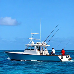 Caribbean Holidays, Bahamas July Fishing, A deep-sea fishing boat cruising over clear blue Bahamian water, with anglers preparing rods beneath a sunny sky