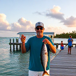 Caribbean Holidays, Bahamas July Fishing, A friendly Bahamian fishing guide and holiday visitors sharing a freshly caught fish beside a small island dock at sunset