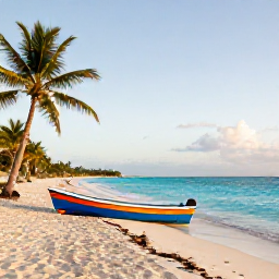 Caribbean Holidays, Bahamas July Fishing, A peaceful Bahamian beach and turquoise sea beside a colourful fishing boat, with palm trees and warm evening light